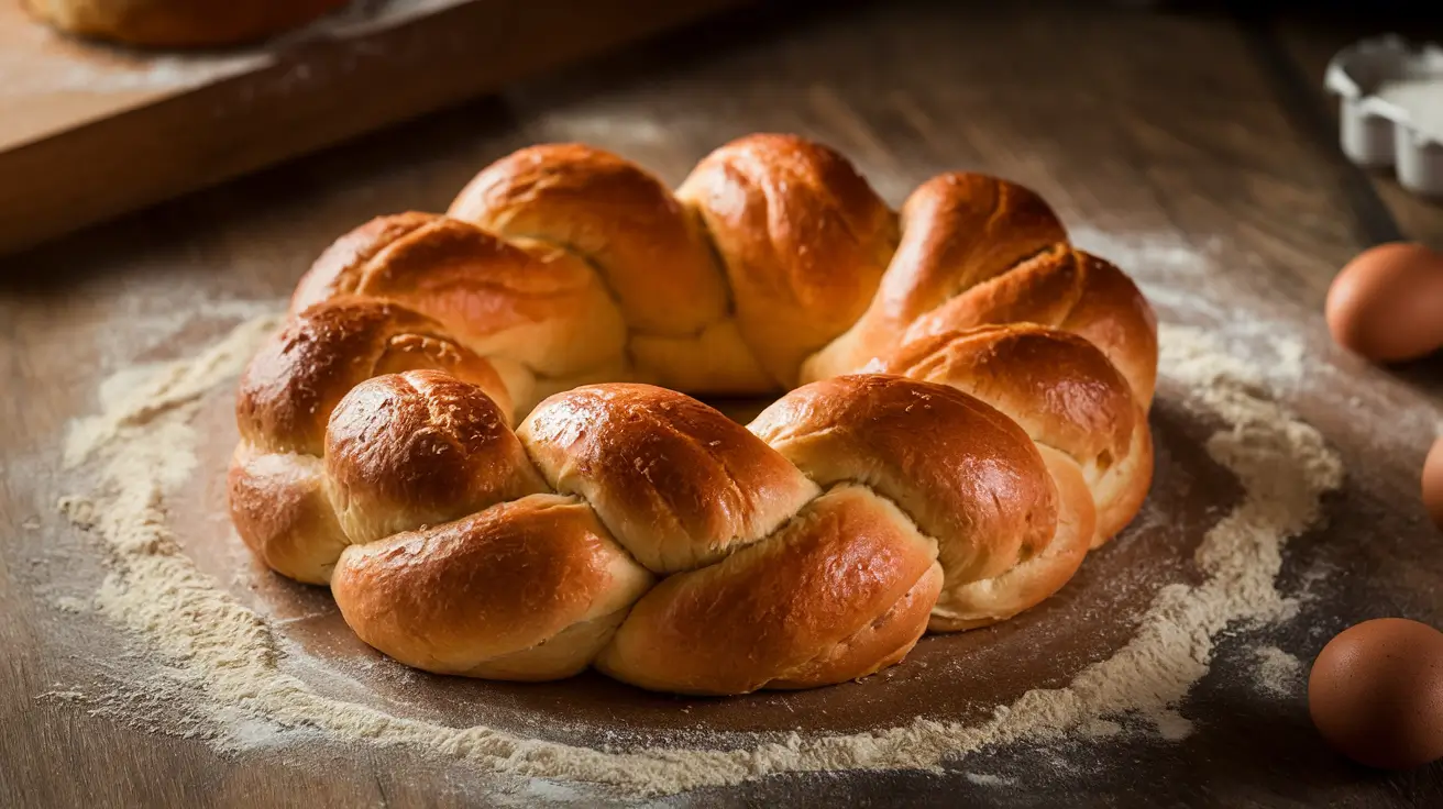 Golden braided cloud fluffy brioche on a rustic table.