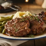 Golden-brown beef chops glazed with caramelized brown sugar, served with mashed potatoes and roasted green beans, garnished with fresh thyme on a rustic plate.