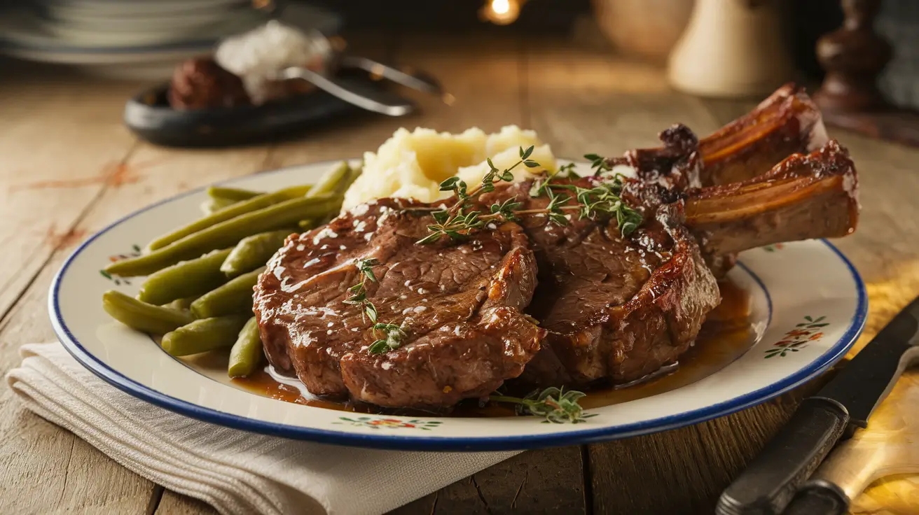 Golden-brown beef chops glazed with caramelized brown sugar, served with mashed potatoes and roasted green beans, garnished with fresh thyme on a rustic plate.