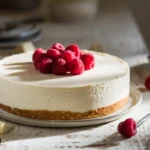 A slice of One Pot White Chocolate Cheesecake garnished with fresh raspberries on a rustic wooden table