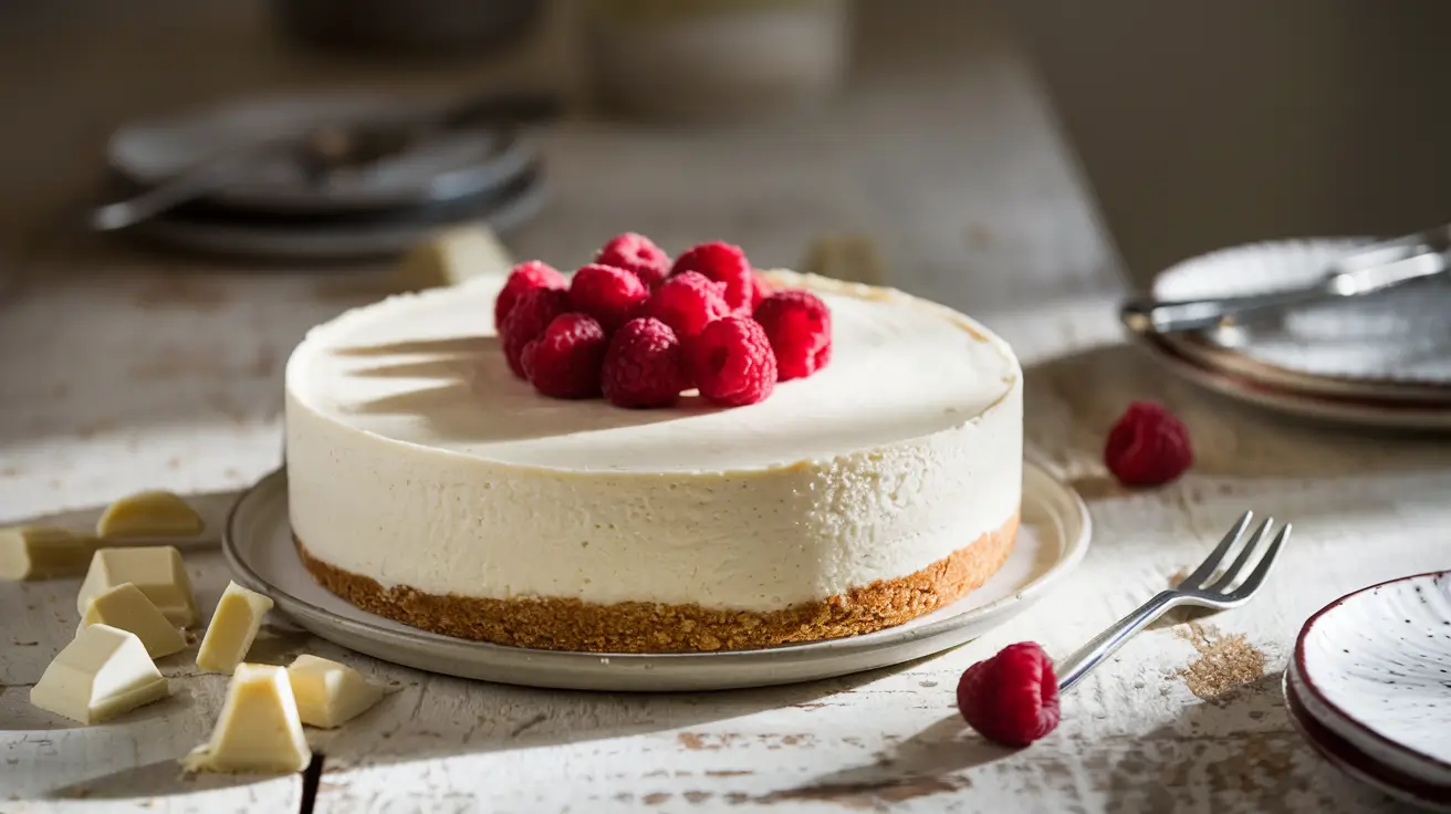 A slice of One Pot White Chocolate Cheesecake garnished with fresh raspberries on a rustic wooden table