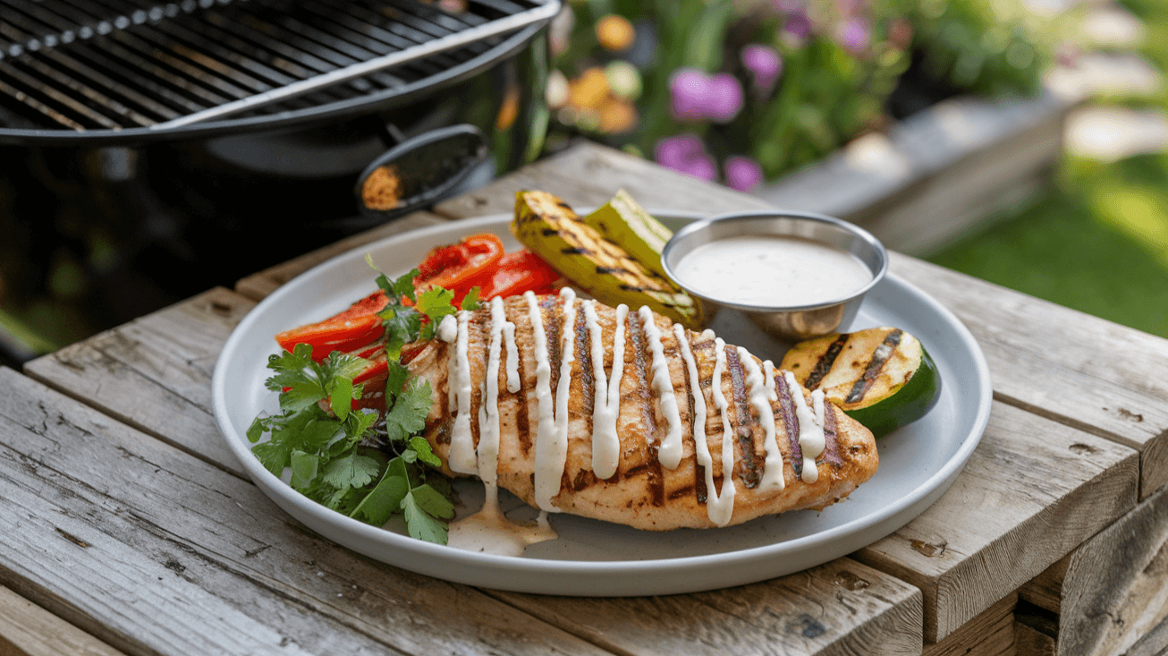 Cajun Grilled Chicken with Alabama White Sauce served with grilled vegetables