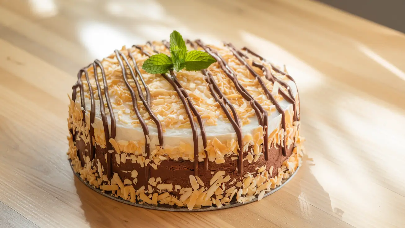 Decadent Chocolate Coconut Poke Cake topped with toasted coconut and chocolate drizzle.