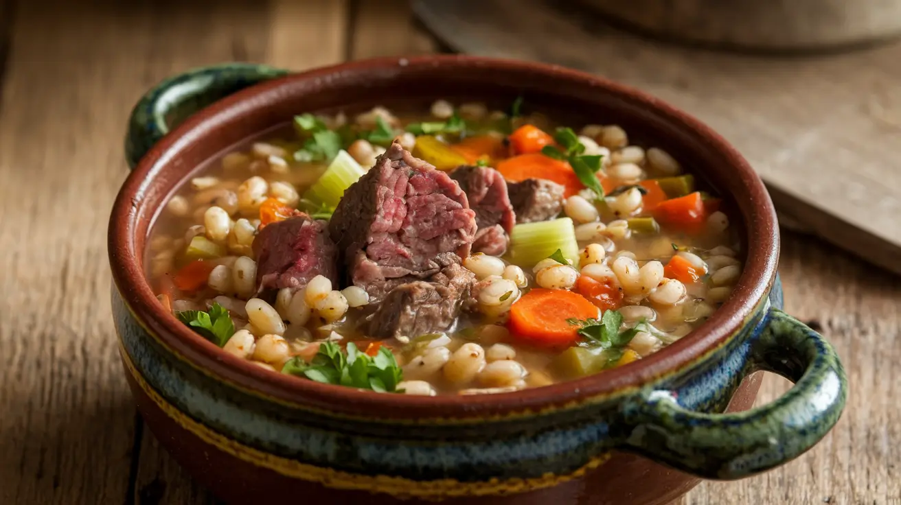 Rustic bowl of steaming beef barley soup with fresh vegetables.