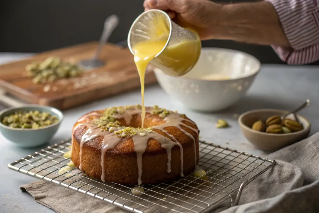 Baker pouring lemon glaze over the pistachio cake.