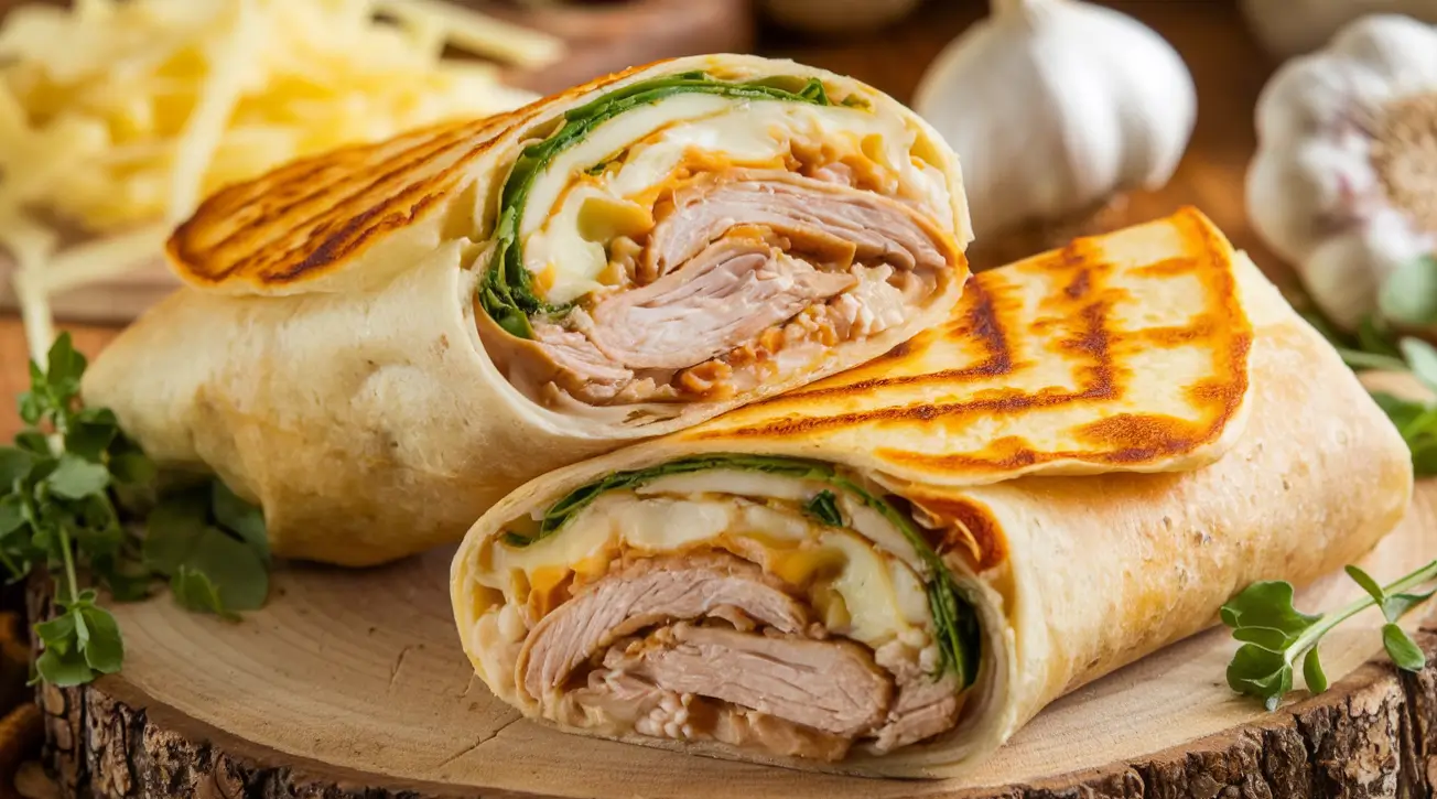 Cheesy Garlic Chicken Wrap sliced in half with melty cheese and fresh herbs.