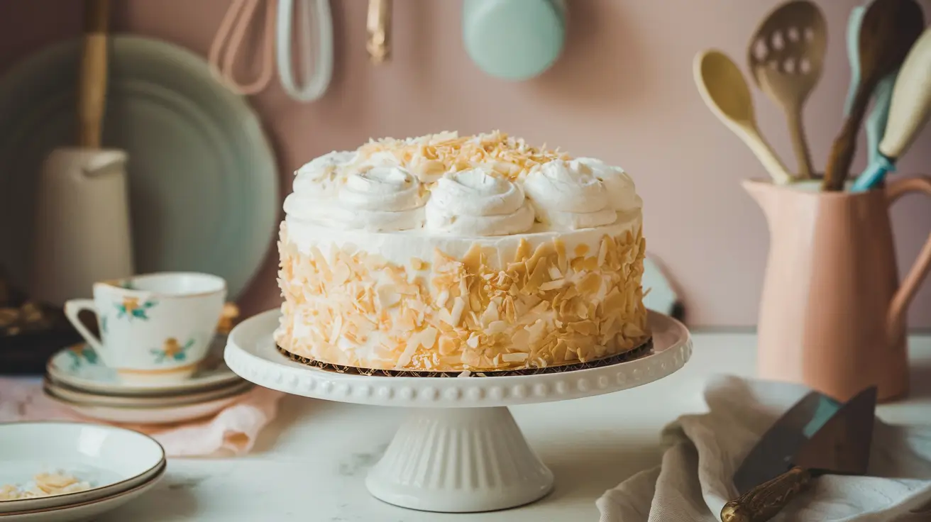 Coconut Cloud Cake on a white cake stand with shredded coconut topping.