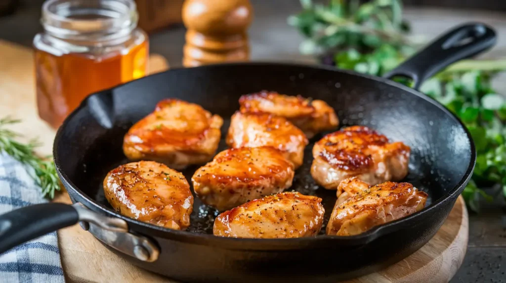 Honey pepper chicken cooking in a skillet with caramelized glaze