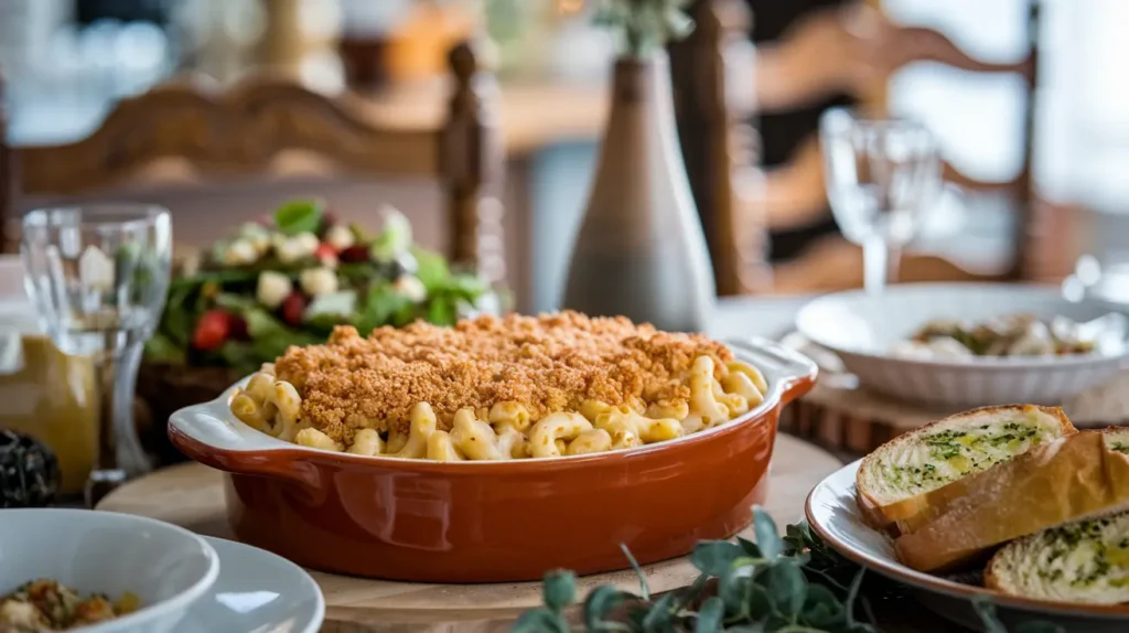 Baked creamy mac and cheese with golden breadcrumbs served with sides.