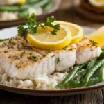 Zesty lemon butter fish fillet served with rice and green beans.