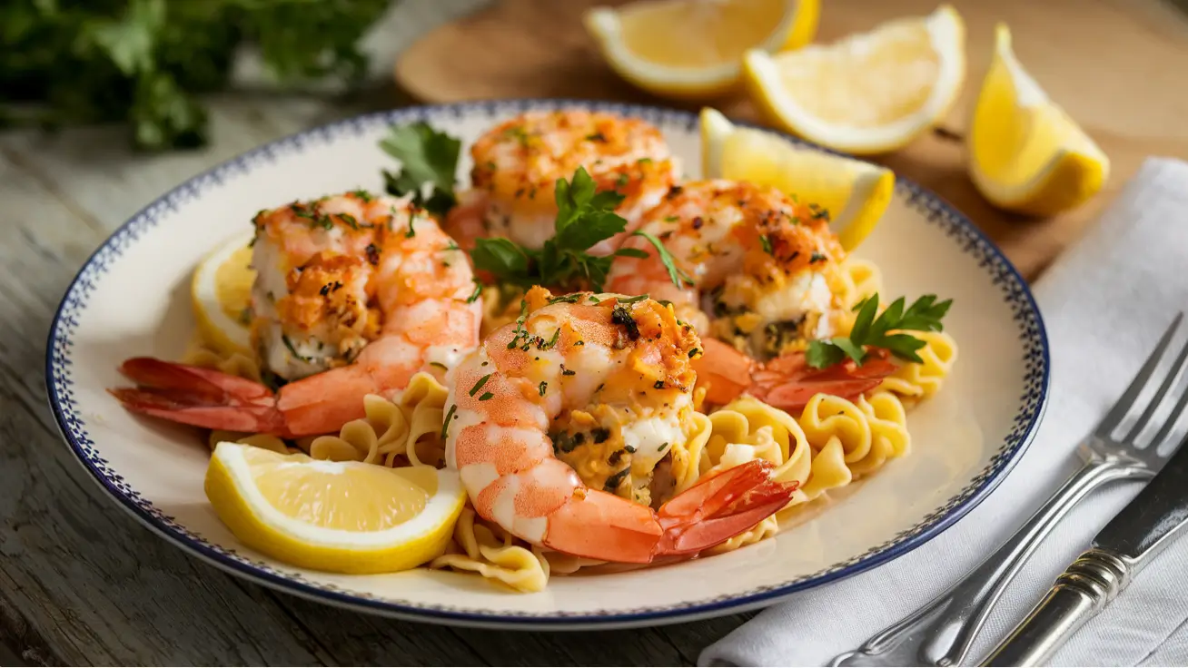 Stuffed shrimp drizzled with lemon garlic butter sauce on a wooden table.