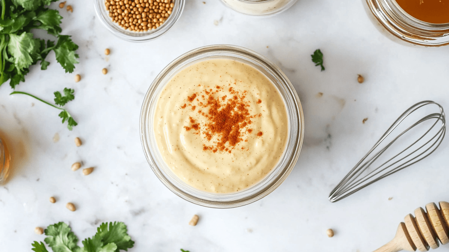 Bowl of homemade honey mustard sauce surrounded by fresh ingredients.