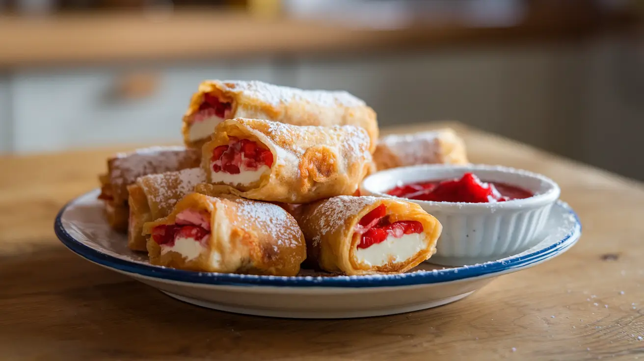 Golden Strawberry Cheesecake Eggroll Bites with strawberry sauce.