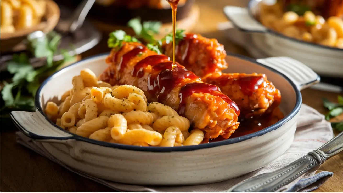 Sweet and Spicy Honey Pepper Chicken with Macaroni Cheese