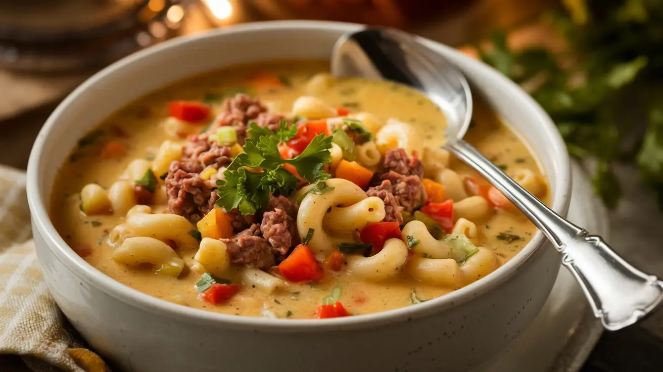 A bowl of creamy macaroni cheeseburger soup garnished with parsley