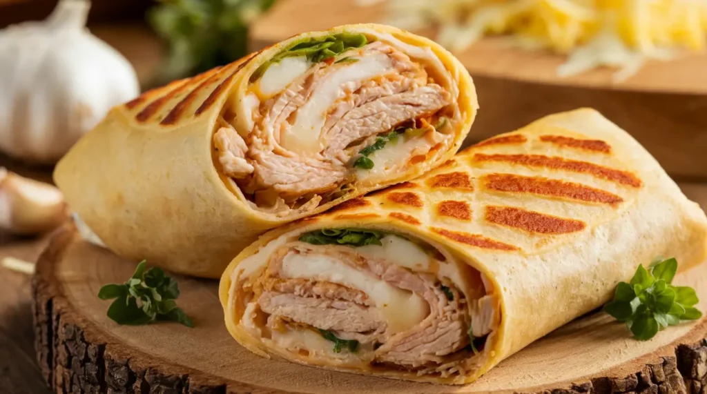 Chicken wraps toasting in a skillet with crispy edges and melty cheese.