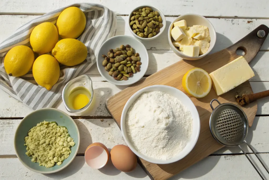 Key ingredients for lemon pistachio cake.