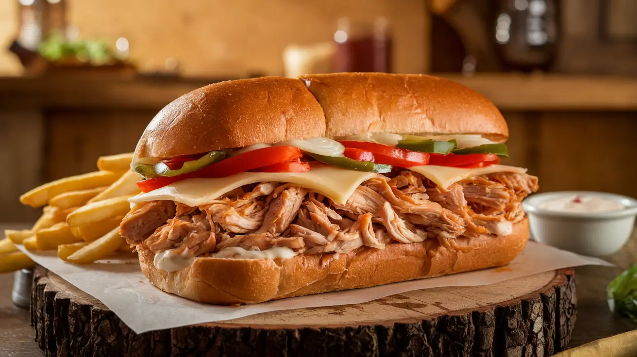 Slow Cooker Chicken Philly Sandwich with melted cheese, peppers, and onions on a toasted hoagie roll served with fries.