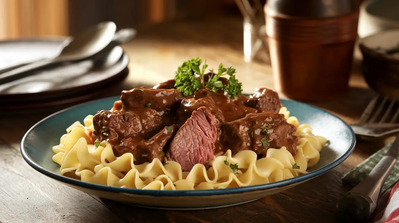 Plated Crockpot beef tips & noodles with parsley garnish.