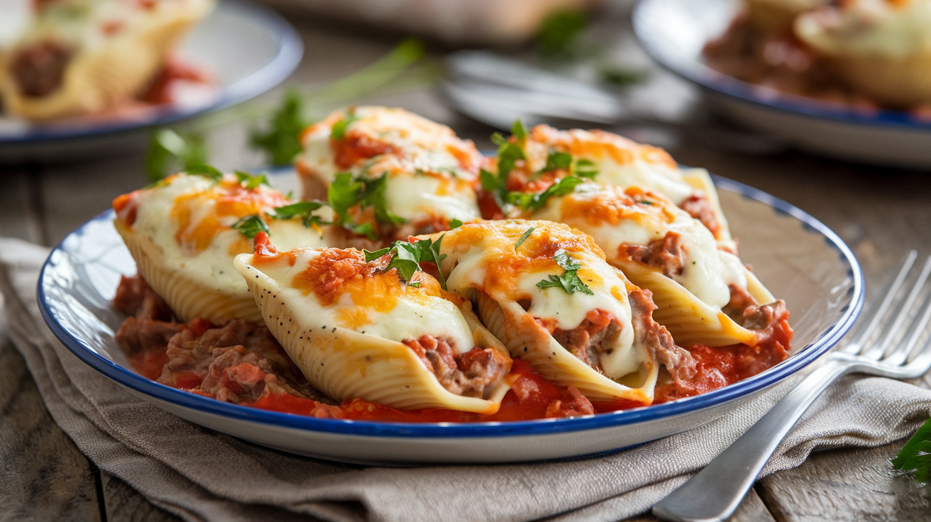 A plate of stuffed pasta shells filled with a savory mixture, topped with melted cheese and marinara sauce, garnished with fresh parsley.