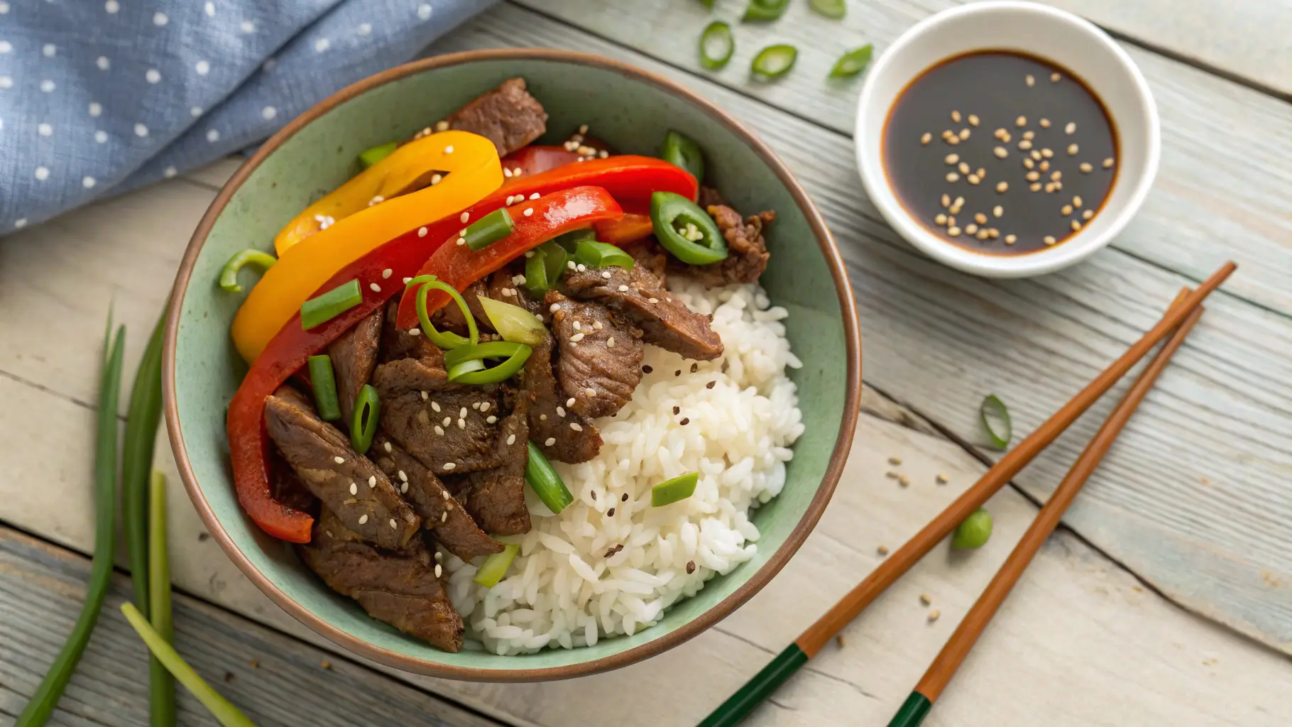 Beef and Pepper Rice Bowl with tender beef and colorful vegetables