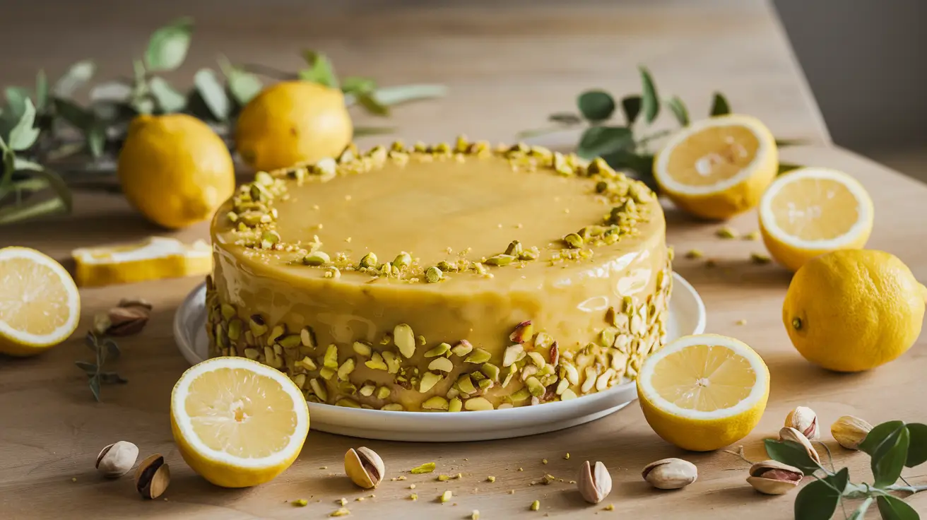 Lemon pistachio cake with lemon glaze on a wooden table.