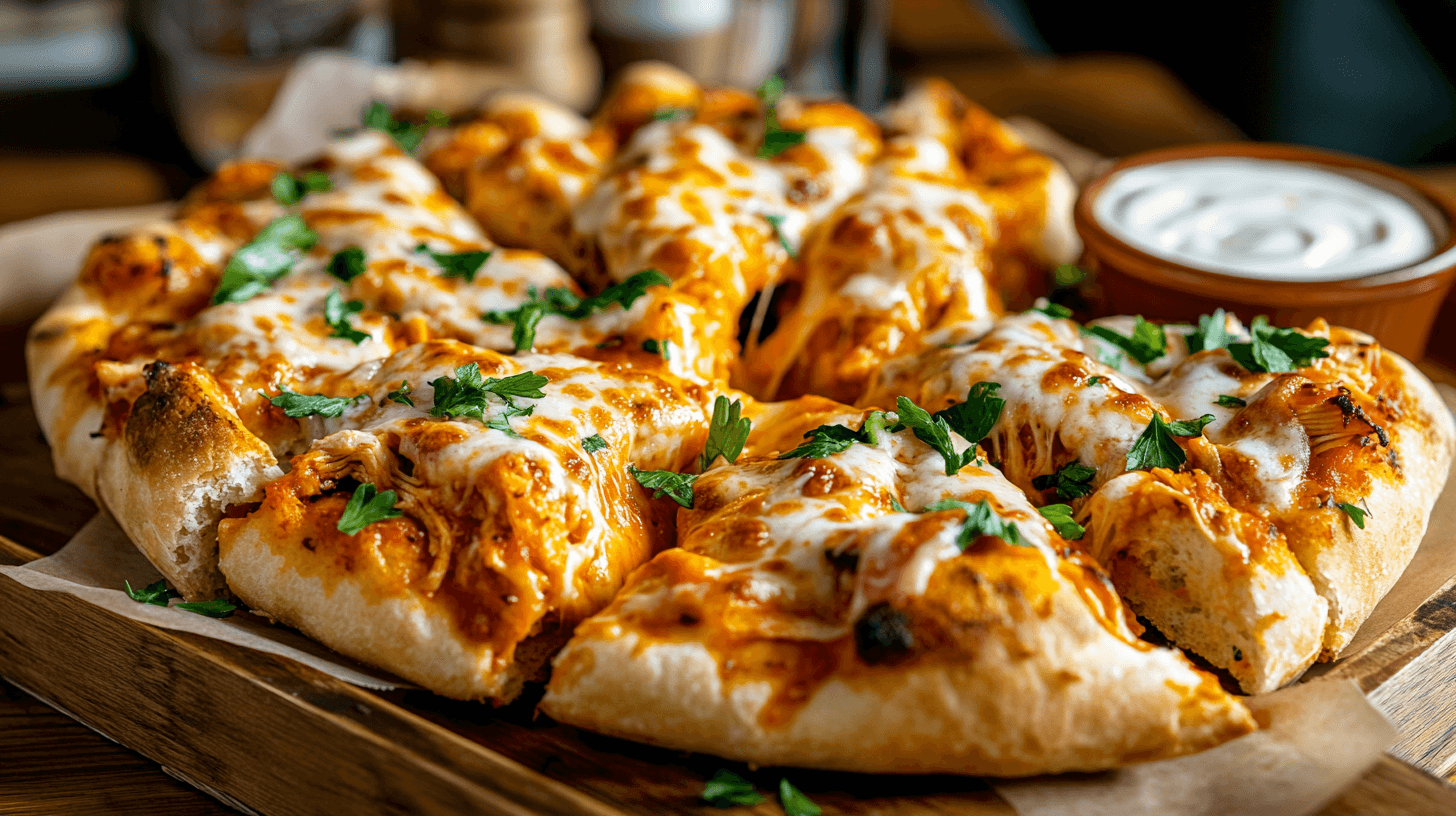 Buffalo chicken pizza pockets with crispy crust and cheesy filling.