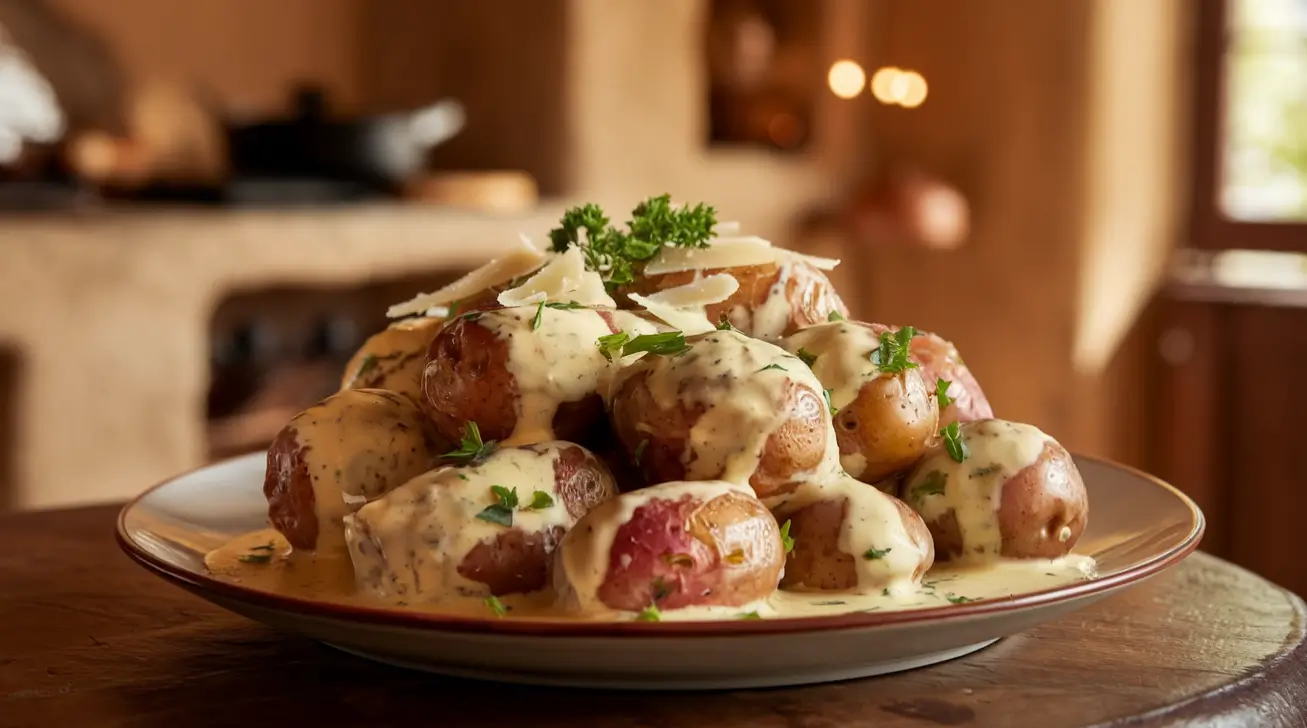 Creamy garlic sauce baby potatoes garnished with parsley and Parmesan.