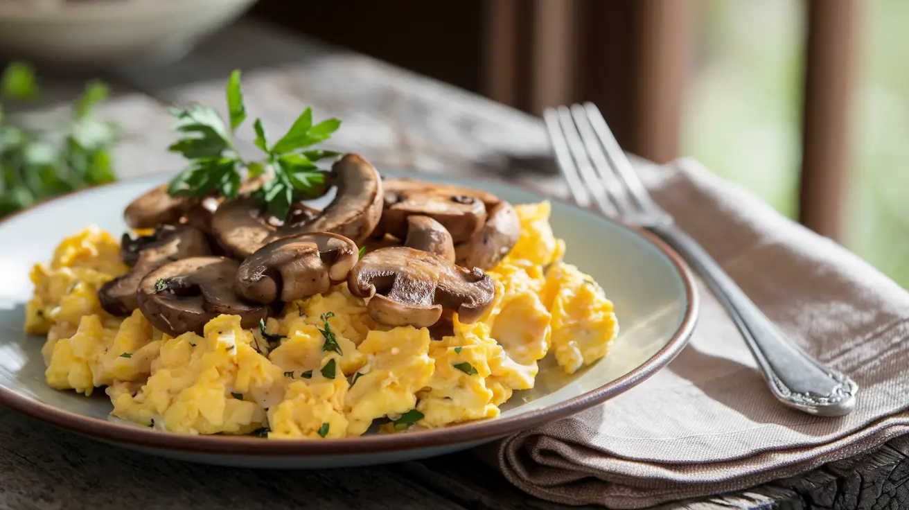 Scrambled eggs with mushrooms garnished with parsley on a plate.