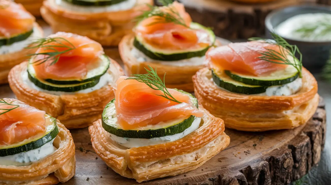 Golden puff pastry palmiers filled with zucchini, smoked salmon, and cream cheese, garnished with dill.