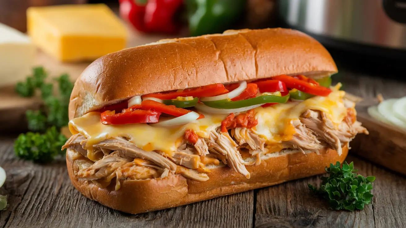 Lazy Slow Cooker Chicken Cheesesteak Sandwich on a wooden table.