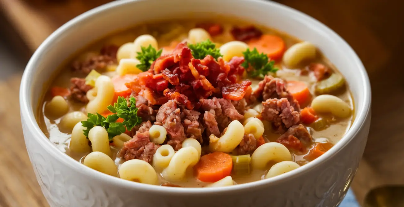 Steaming bowl of One-Pot Macaroni Cheeseburger Soup with garnishes.