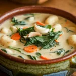 Copycat Olive Garden Chicken Gnocchi Soup .Steaming bowl of creamy chicken gnocchi soup with fresh ingredients.