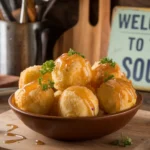 Golden, crispy Southern-Style Honey Butter Cornbread Poppers on a rustic table.