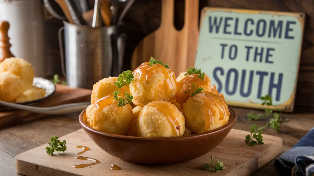 Golden, crispy Southern-Style Honey Butter Cornbread Poppers on a rustic table.