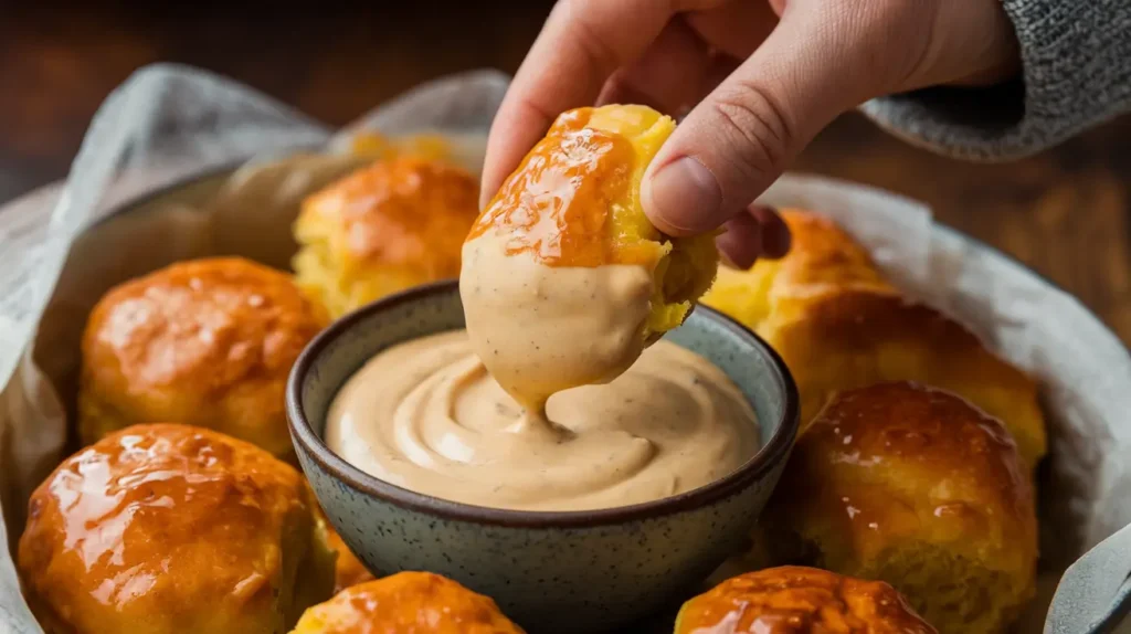 Hand dipping a Southern-Style Cornbread Popper into honey mustard sauce.