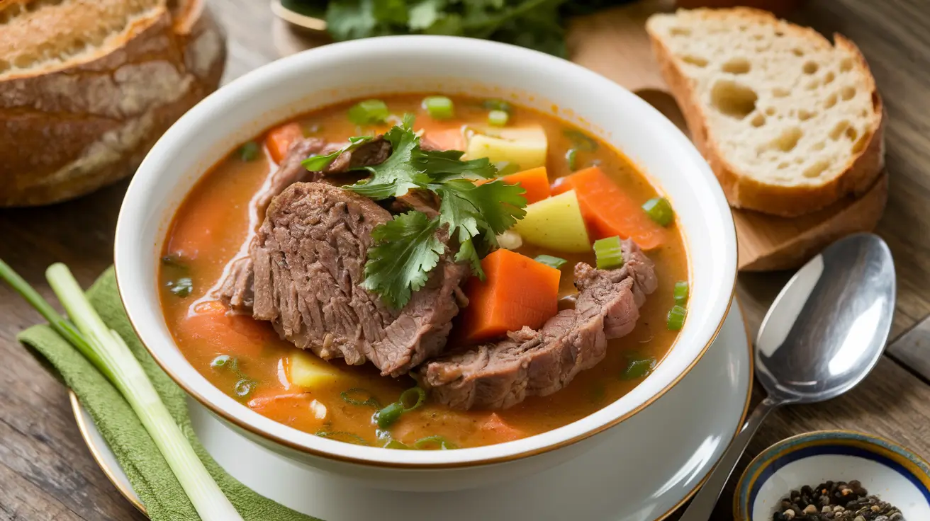 A bowl of Apple Carrot Beef Rib Soup with tender beef ribs, carrots, and apples in a golden broth, garnished with fresh herbs