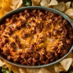 Freshly baked Meaty Texas Trash Dip surrounded by tortilla chips.