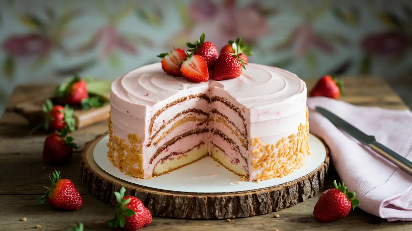 Strawberry Honeybun Cake with Strawberry Cream Icing beautifully styled on a rustic table.