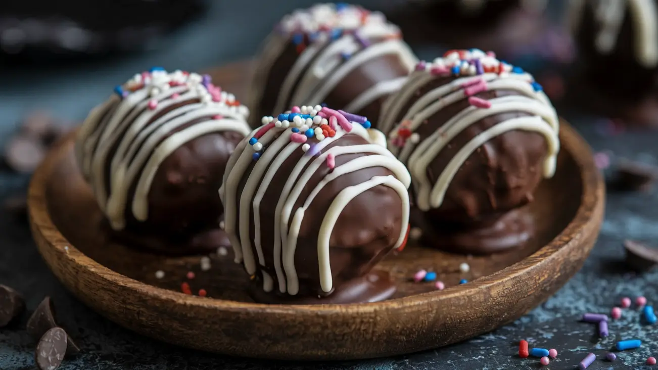 Decorated Voodoo Balls with chocolate drizzle and sprinkles on a wooden plate