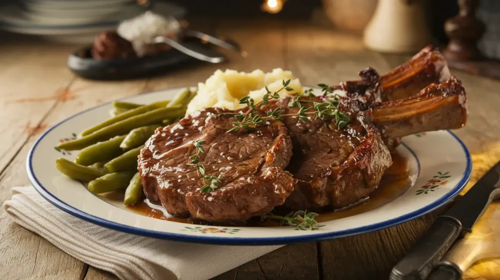 Brown Sugar beef Chops with Mashed Potatoes and Green Beans