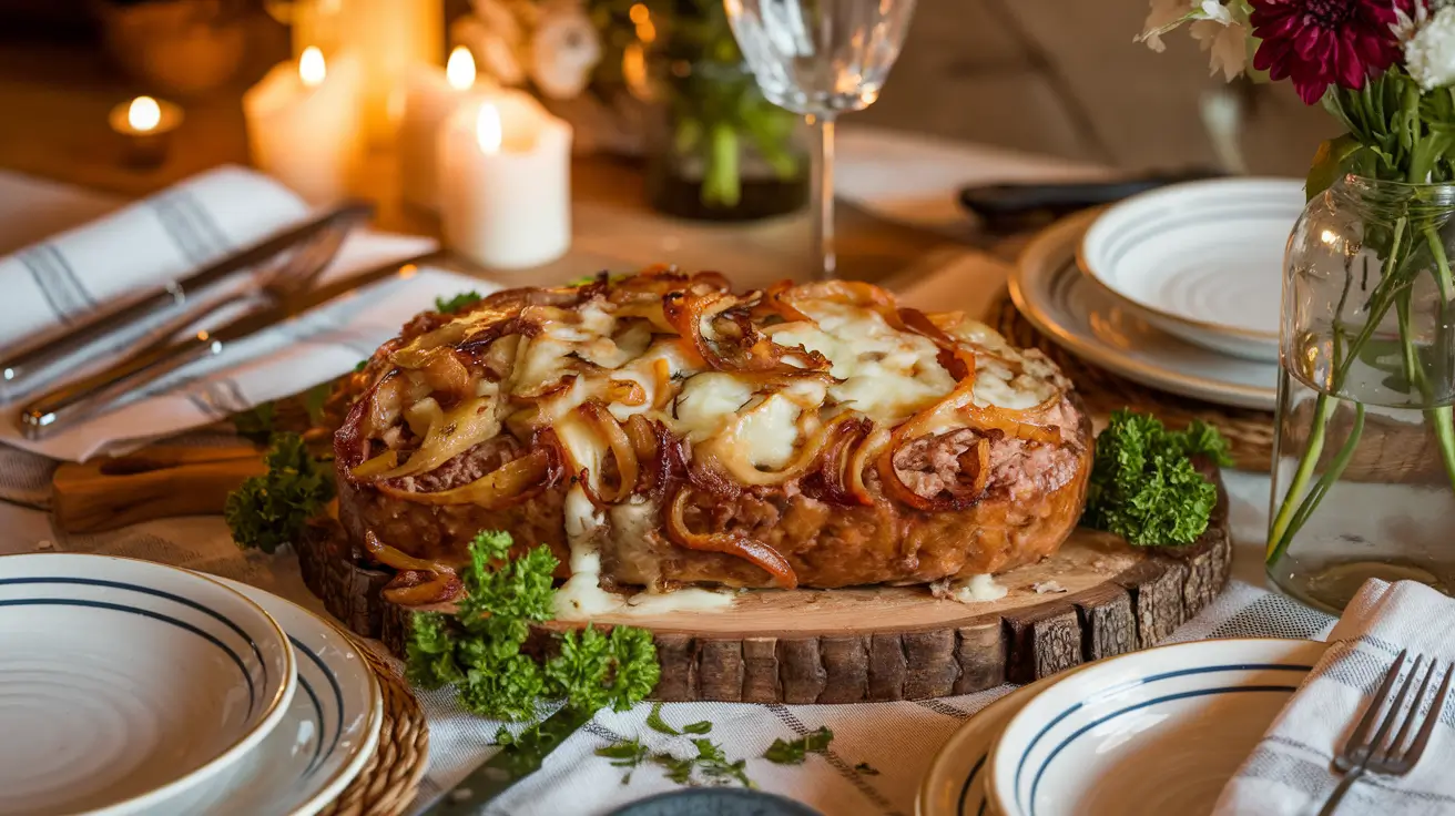 French onion meatloaf with melted Swiss cheese and caramelized onions.