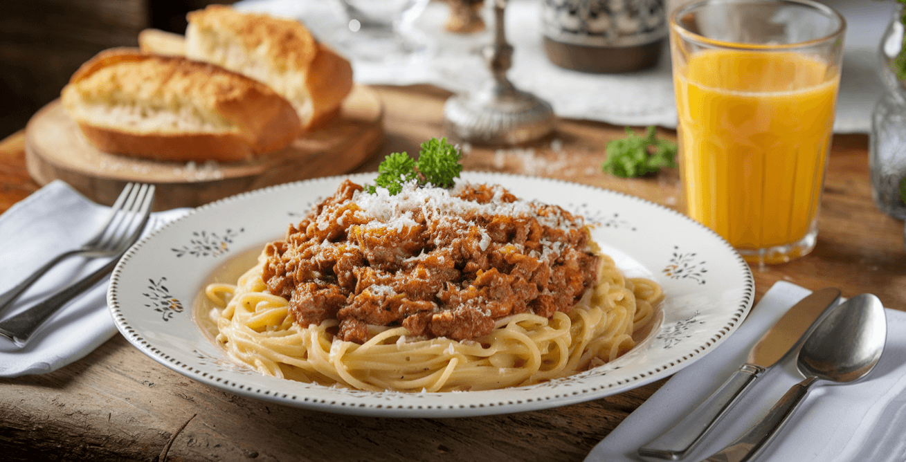 Beef Bolognese with Creamy Garlic Butter Spaghetti on a rustic table.