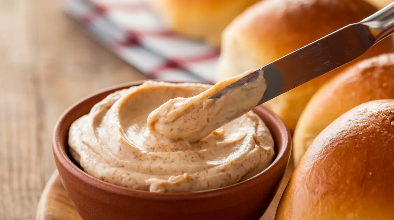 Creamy cinnamon honey butter spread on a golden dinner roll.