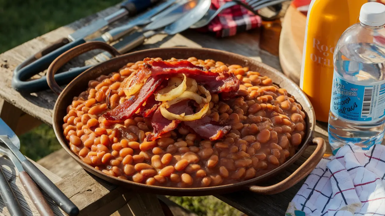 Root Beer Baked Beans in a rustic dish with bacon and onions.