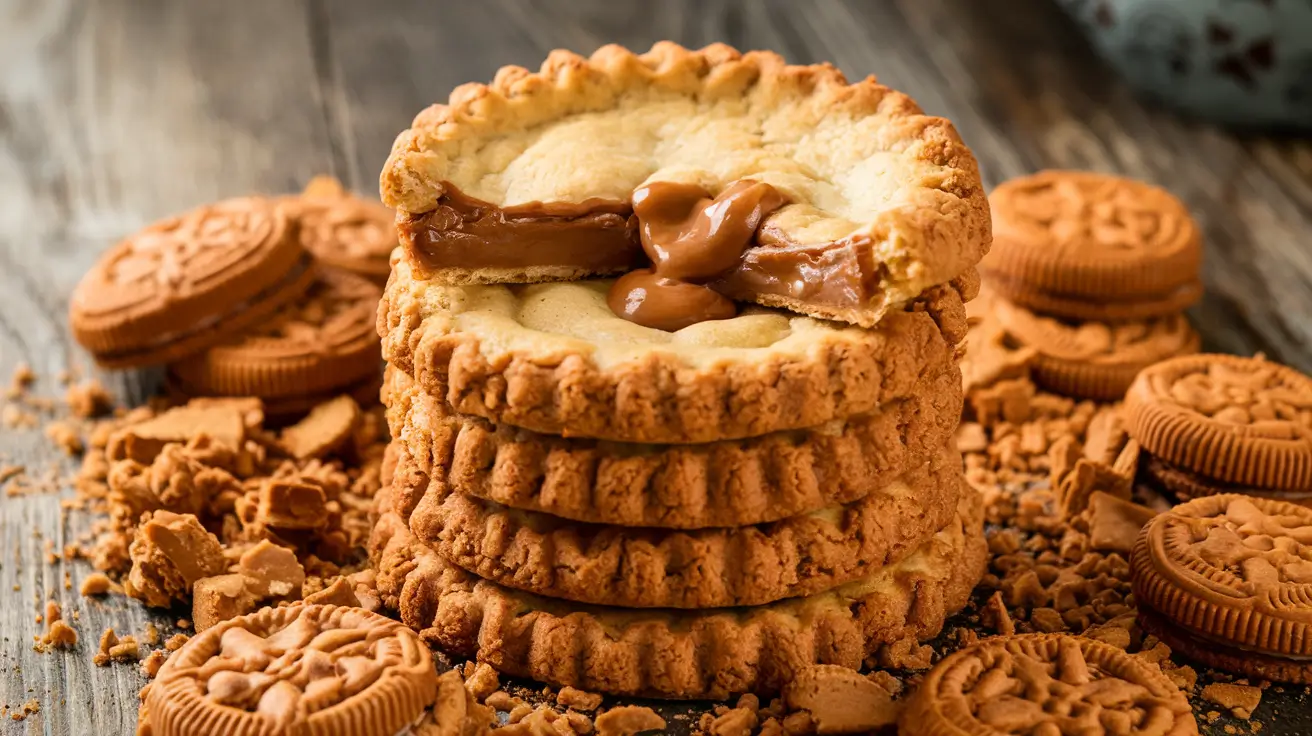 Close-up of gooey Biscoff Stuffed Cookie Pies stacked on a wooden table.