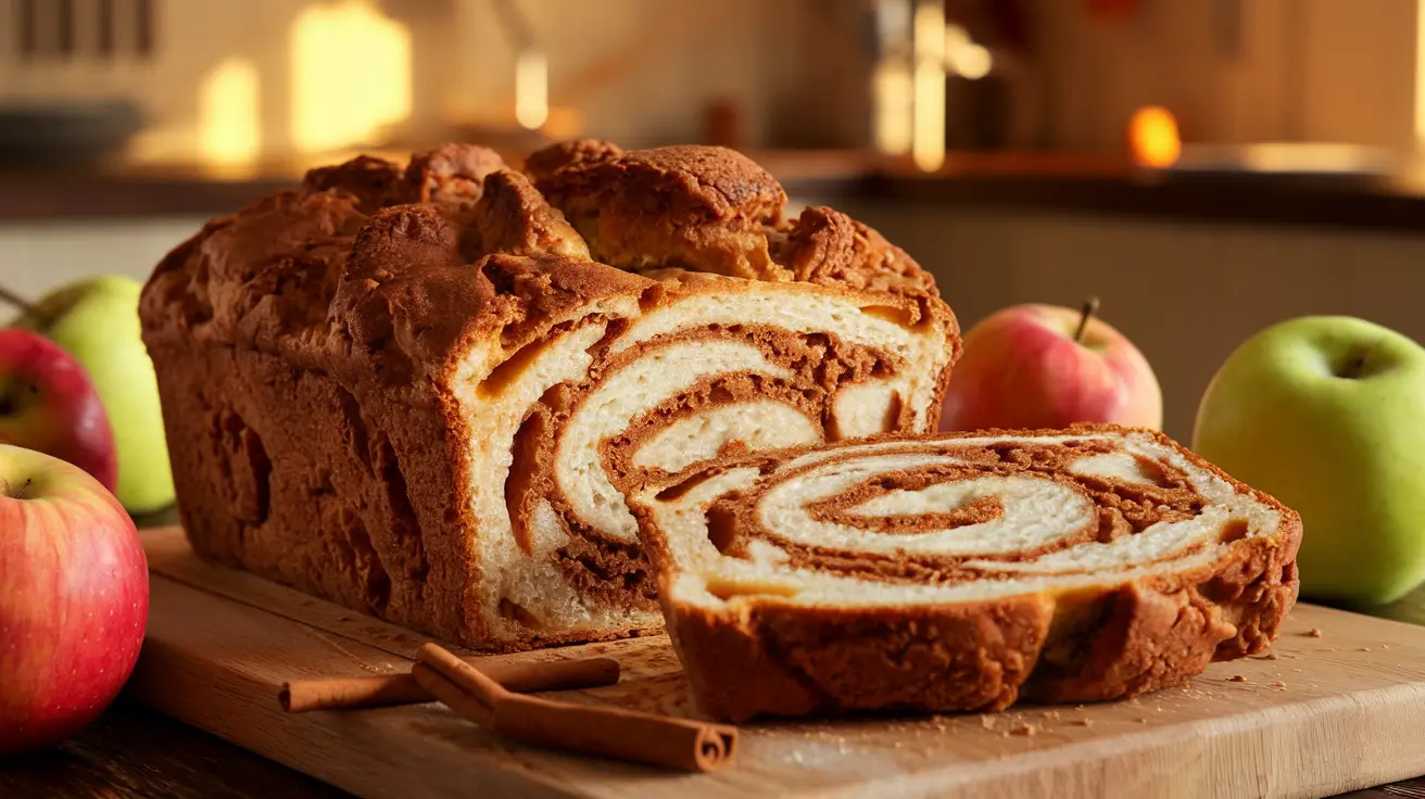 Cinnamon Swirl Apple Fritter Bread with sliced loaf and fresh apples