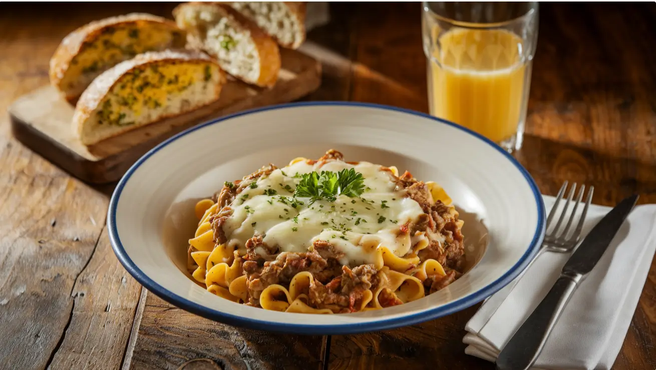 cheesy beef pasta. butter beef pasta topped with melted cheese and parsley