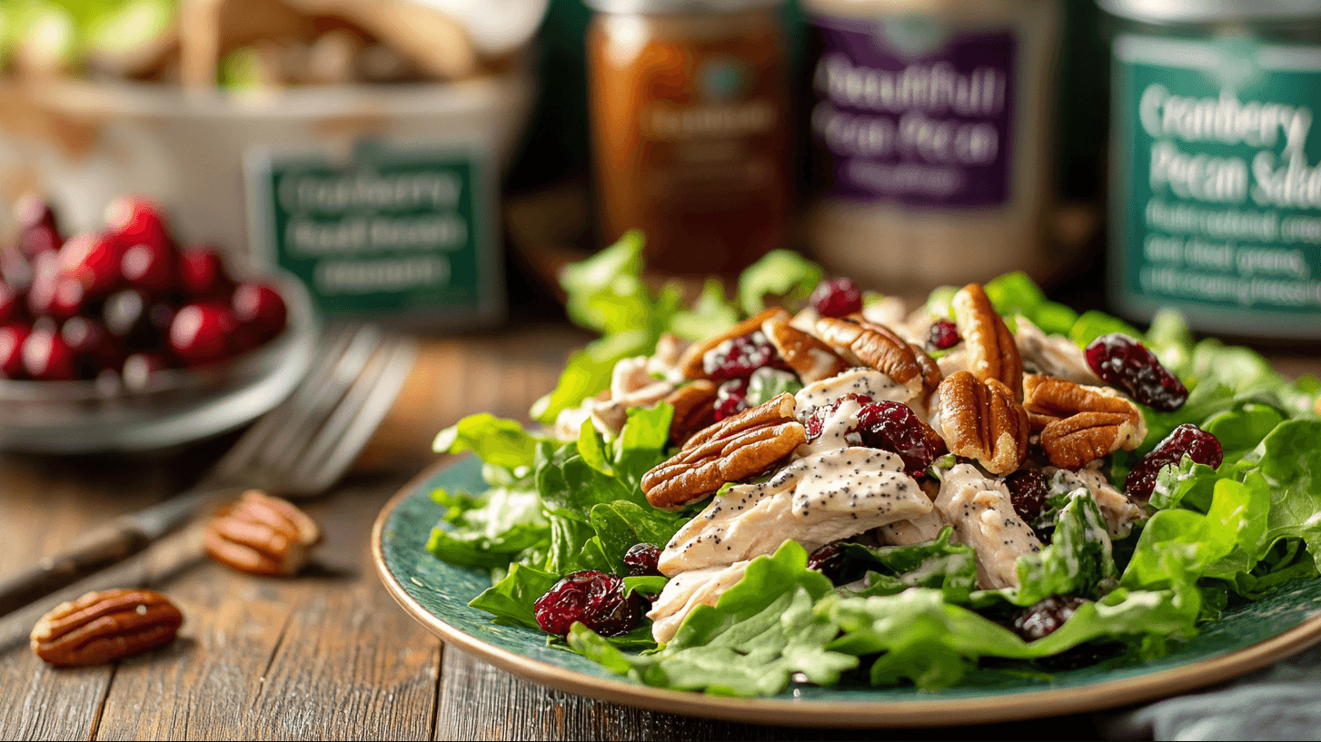 Cranberry Pecan Chicken Salad with Poppy Seed Dressing beautifully plated on a rustic wooden table