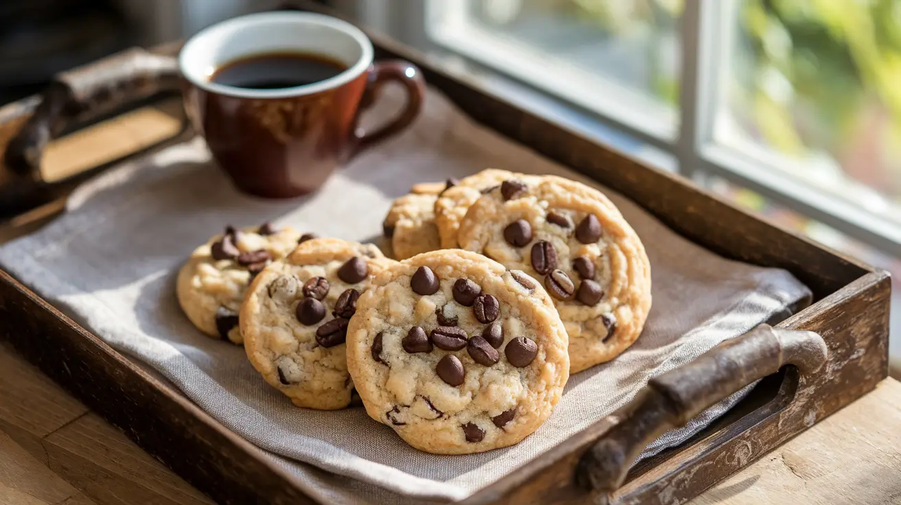 Freshly baked coffee cookies with a cup of coffee.